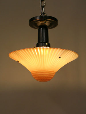 Dark Brass Bead Chain Fixture w/ Peach Art Deco Streamlined Glass, c. 1930