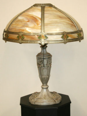 Slag Glass Lamp w/ Dome Shaped Warm Caramel Shade & Antique Silver/Gray Finish, c. Late 19th Century