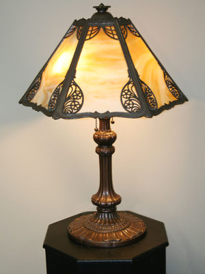 Art Nouveau Metal Overlay 6 Panel Slag Glass Lamp w/ Antique Bronze Finish, c. Early 1900's