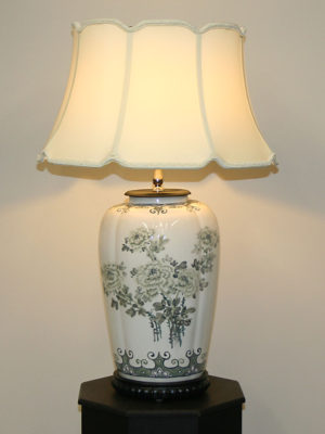 Crackle Glaze Porcelain Lamp w/ Hand-Painted Green Flowers, c. 1950