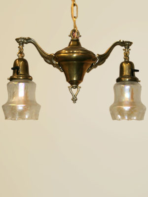 2 Lt Brass Pan Fixture w/ Irridecent Acid Etched Shades, c. 1920