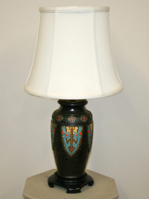 Vintage Japanese Faux Champleve Pottery Vase Lamp, Stamped "Japan" on Bottom, c. 1920