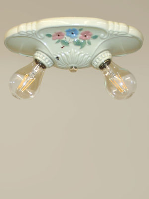 Cream Porcelain Two Bulb Flush Mount w/ Pink & Blue Flowers, c. 1930