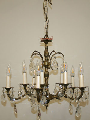 Antique Brass 10 Lt Chandelier w/ Almond Shaped Crystals, c. 1950