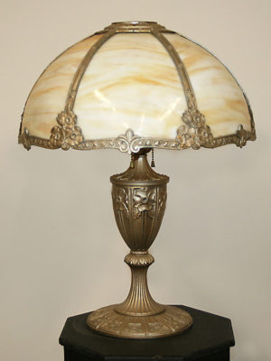Art Nouveau Dogwood Themed Slag Glass Table Lamp, c. Late 19th Century