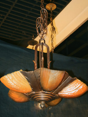 Art Deco 5 Lt Chandelier w/ Bronze Painted Frame & Amber Slip Glass Shades, c. 1930