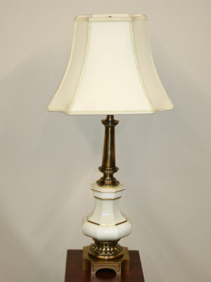 Hollywood Regency - White Porcelain & Brass Plate Table Lamp w/ Gold Accents, c. 1960