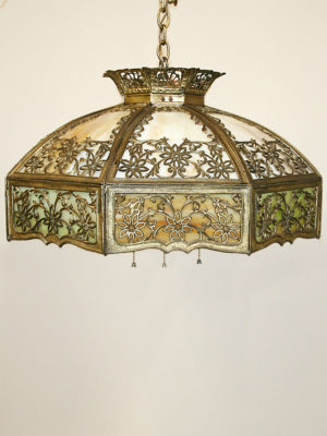 Bent Panel Chandelier w/ Caramel Slag Glass & Floral Fretwork, c. Early 20th Century