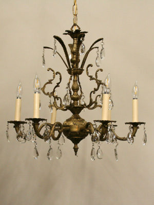 6 Arm Brass Chandelier w/ Almond Crystal, Made in Spain, c. 1950
