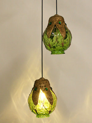 Green Water Glass Pendant w/ Gold Details & Green Jewels, c. 1960