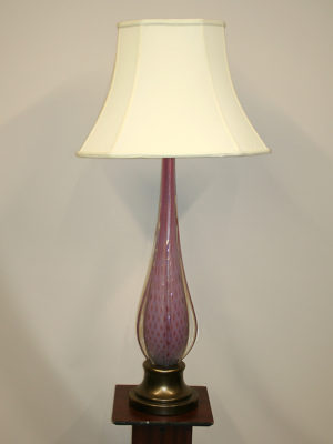 Pink & Lavender Art Glass Table Lamp w/ Ant. Gold Painted Base, c. 1960