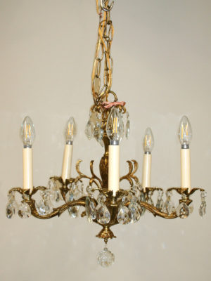 5 Arm Ormolu Brass Chandelier. Made in Portugal, c. 1950