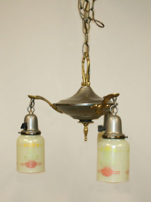 Classical Revival 3 Light Pan Fixture w/ Original Pewter Finish & Brass Accents, c. 1920