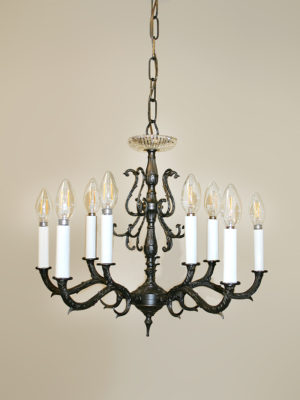 10 Light Brass Chandelier w/ Dark Bronze Customized Paint Finish, c. 1950